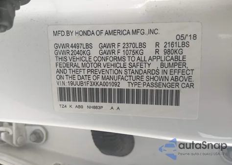 2019 Acura Tlx Standard из США, поврежденный, VIN 19UUB1F3XKA001092